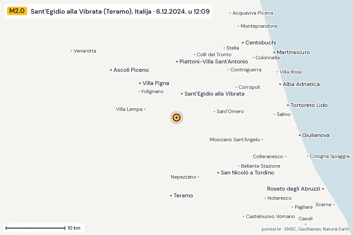 Karta: okolica epicentra, 60 km, potres M2,0, Sant'Egidio alla Vibrata (Teramo), Italija, 6.12.2024.