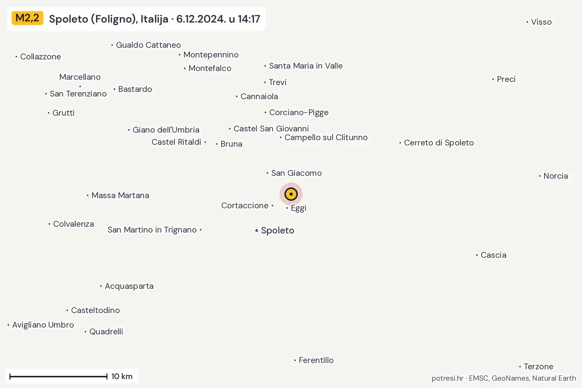 Karta: okolica epicentra, 60 km, potres M2,2, Spoleto (Foligno), Italija, 6.12.2024.