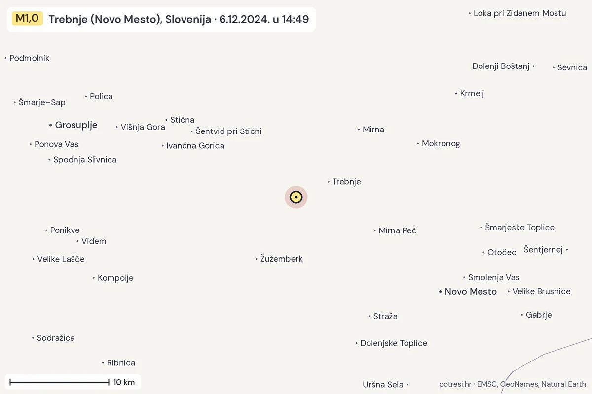 Karta: okolica epicentra, 60 km, potres M1,0, Trebnje (Novo Mesto), Slovenija, 6.12.2024.