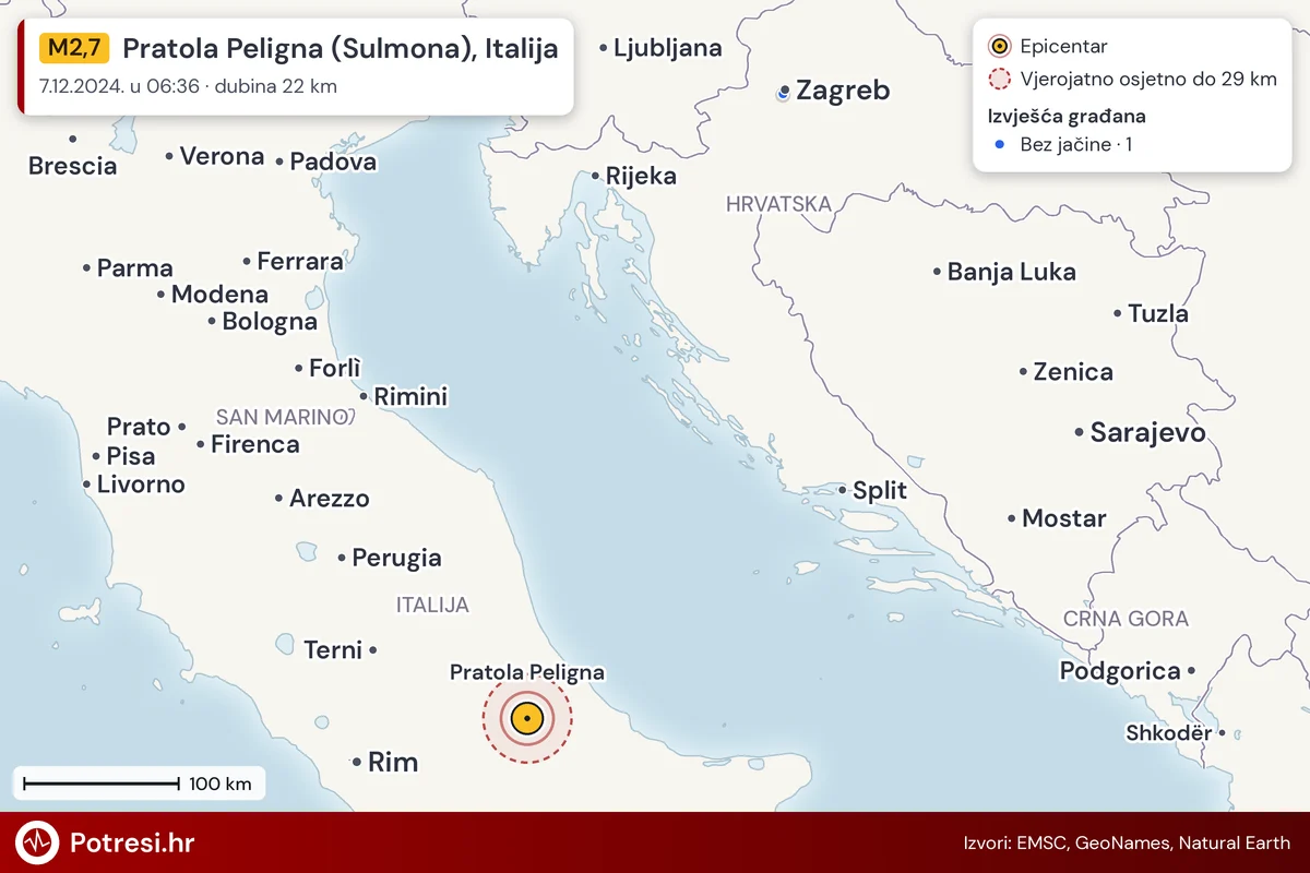 Karta: izvješća građana po jačini, potres M2,7, Pratola Peligna (Sulmona), Italija, 7.12.2024.