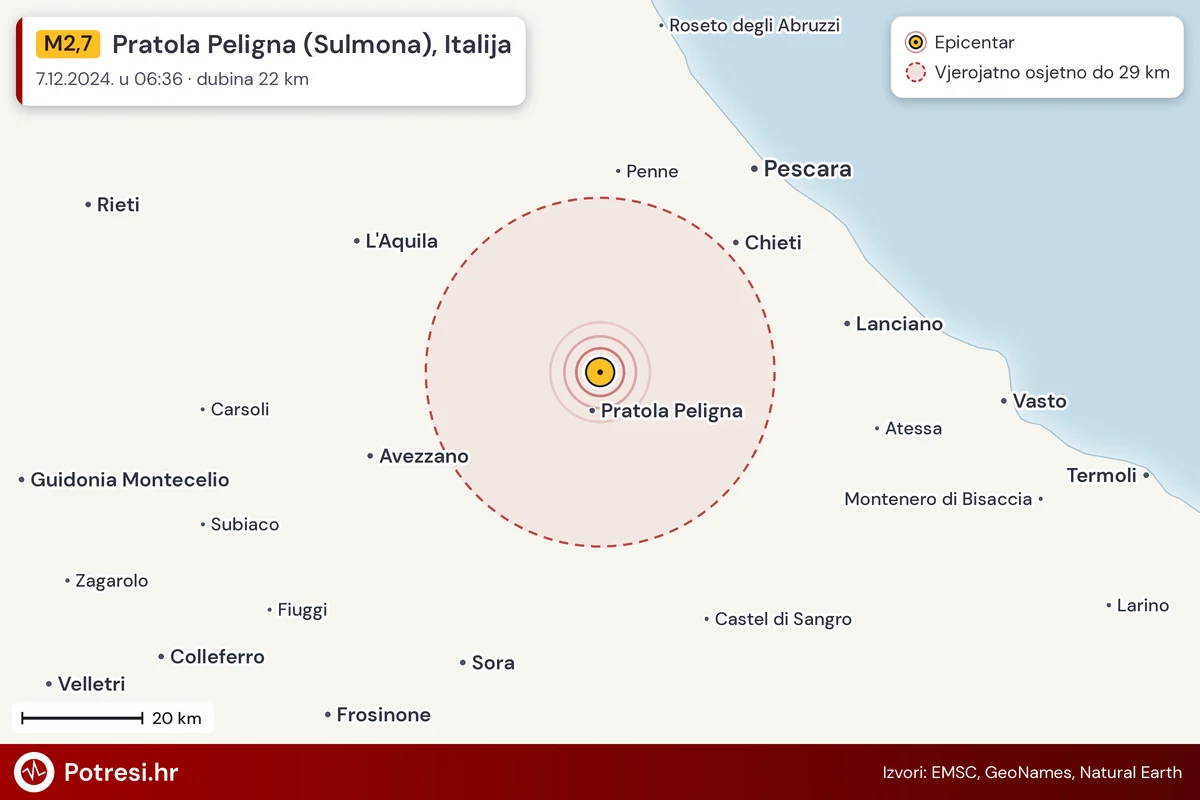 Karta: šire područje i vjerojatni doseg osjeta, potres M2,7, Pratola Peligna (Sulmona), Italija, 7.12.2024.