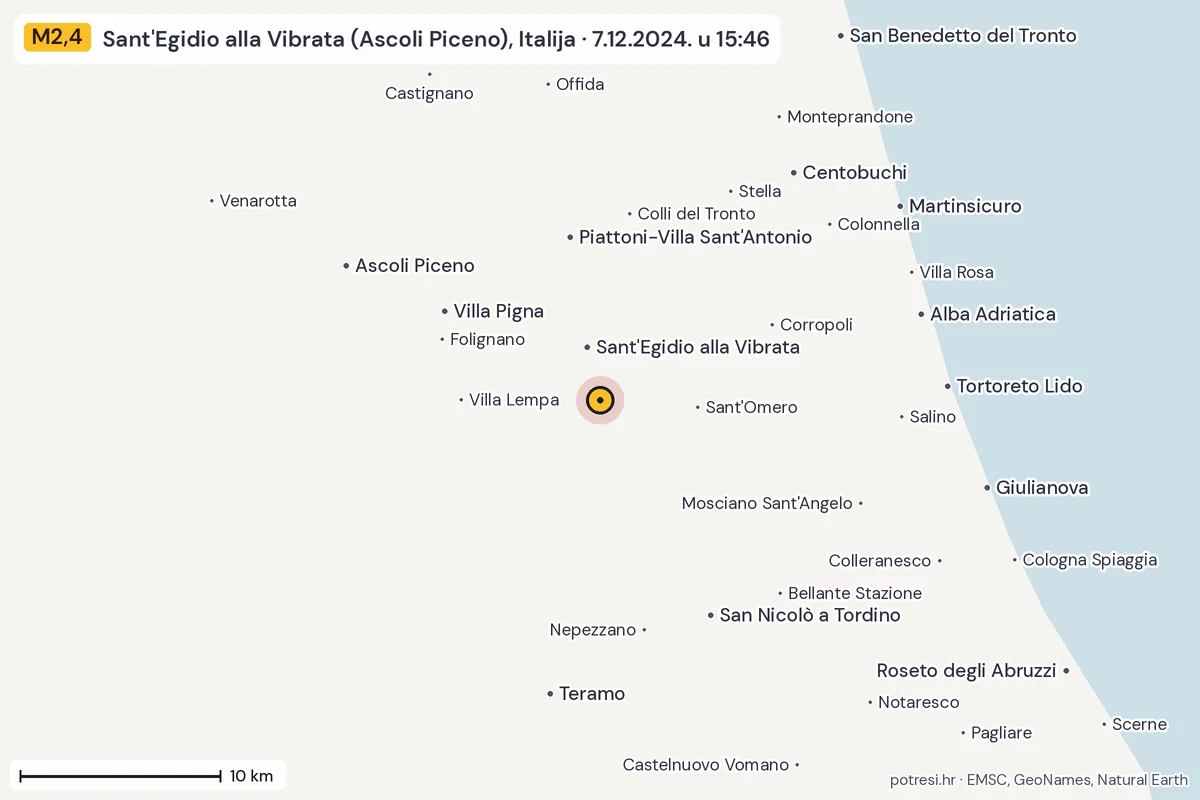 Karta: okolica epicentra, 60 km, potres M2,4, Sant'Egidio alla Vibrata (Ascoli Piceno), Italija, 7.12.2024.