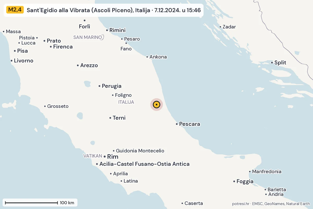 Karta: šire područje, 600 km, potres M2,4, Sant'Egidio alla Vibrata (Ascoli Piceno), Italija, 7.12.2024.