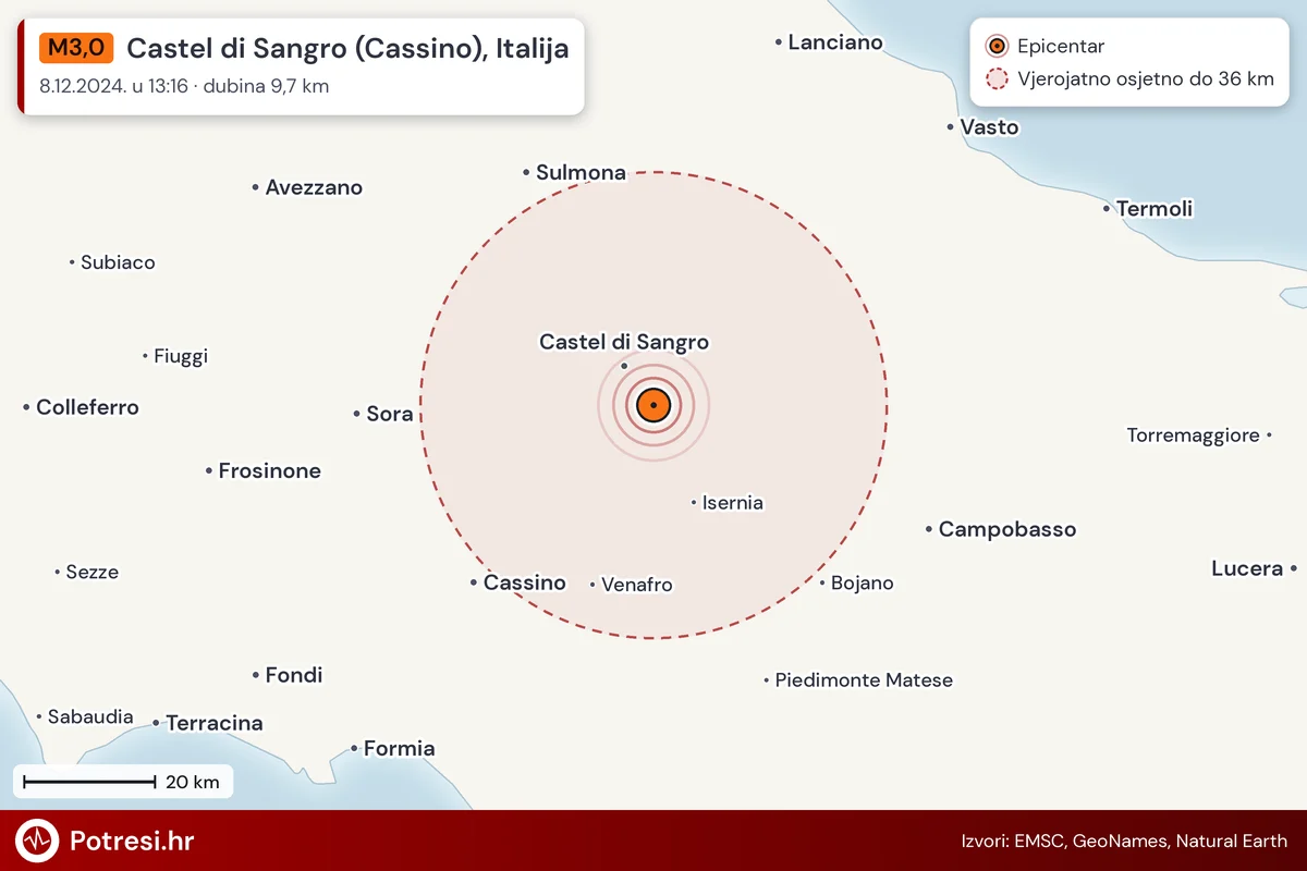 Karta: šire područje i vjerojatni doseg osjeta, potres M3,0, Castel di Sangro (Cassino), Italija, 8.12.2024.