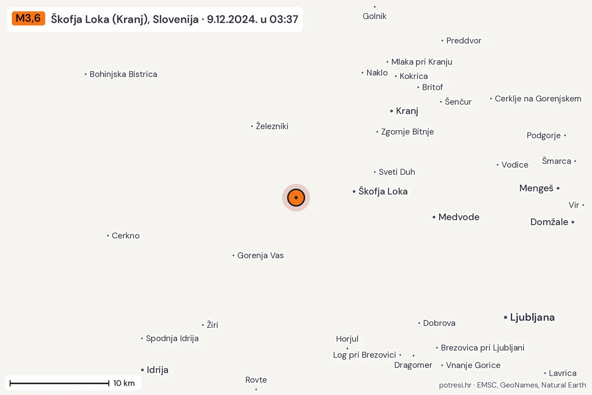 Karta: okolica epicentra, 60 km, potres M3,6, Škofja Loka (Kranj), Slovenija, 9.12.2024.