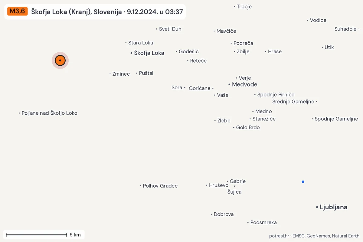 Karta: izvješća građana, potres M3,6, Škofja Loka (Kranj), Slovenija, 9.12.2024.