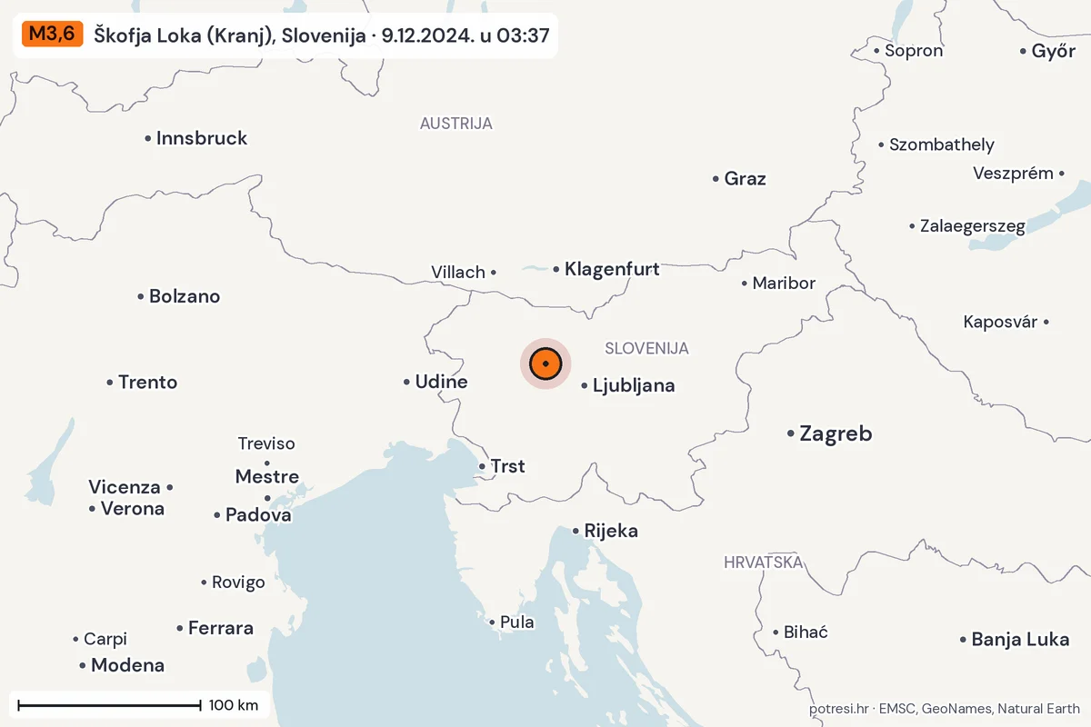 Karta: šire područje, 600 km, potres M3,6, Škofja Loka (Kranj), Slovenija, 9.12.2024.