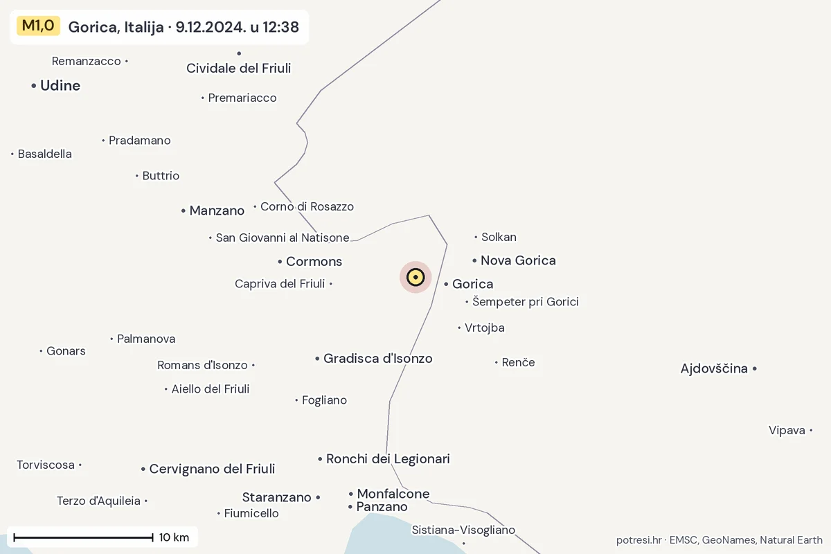 Karta: okolica epicentra, 60 km, potres M1,0, Gorica, Italija, 9.12.2024.