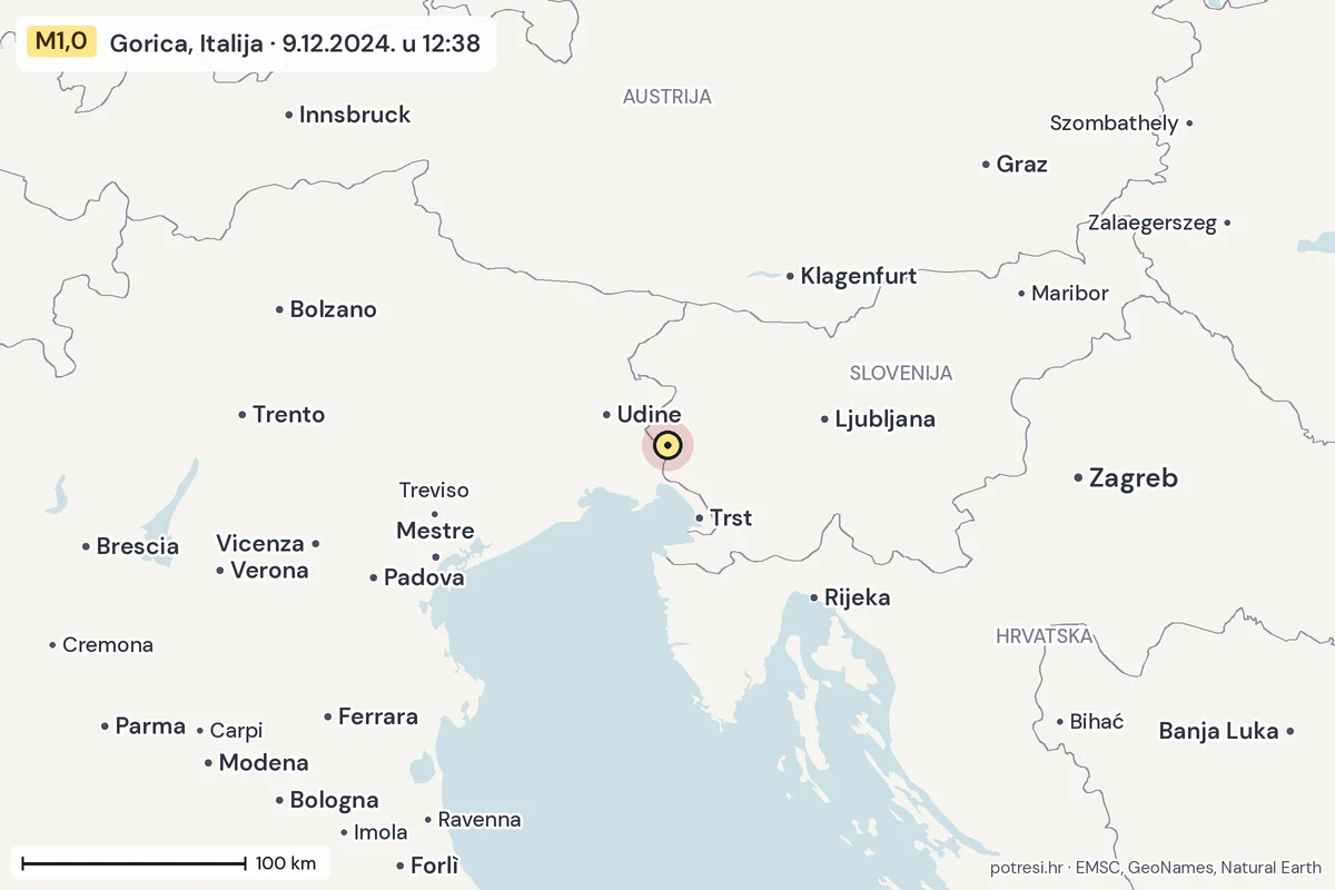 Karta: šire područje, 600 km, potres M1,0, Gorica, Italija, 9.12.2024.