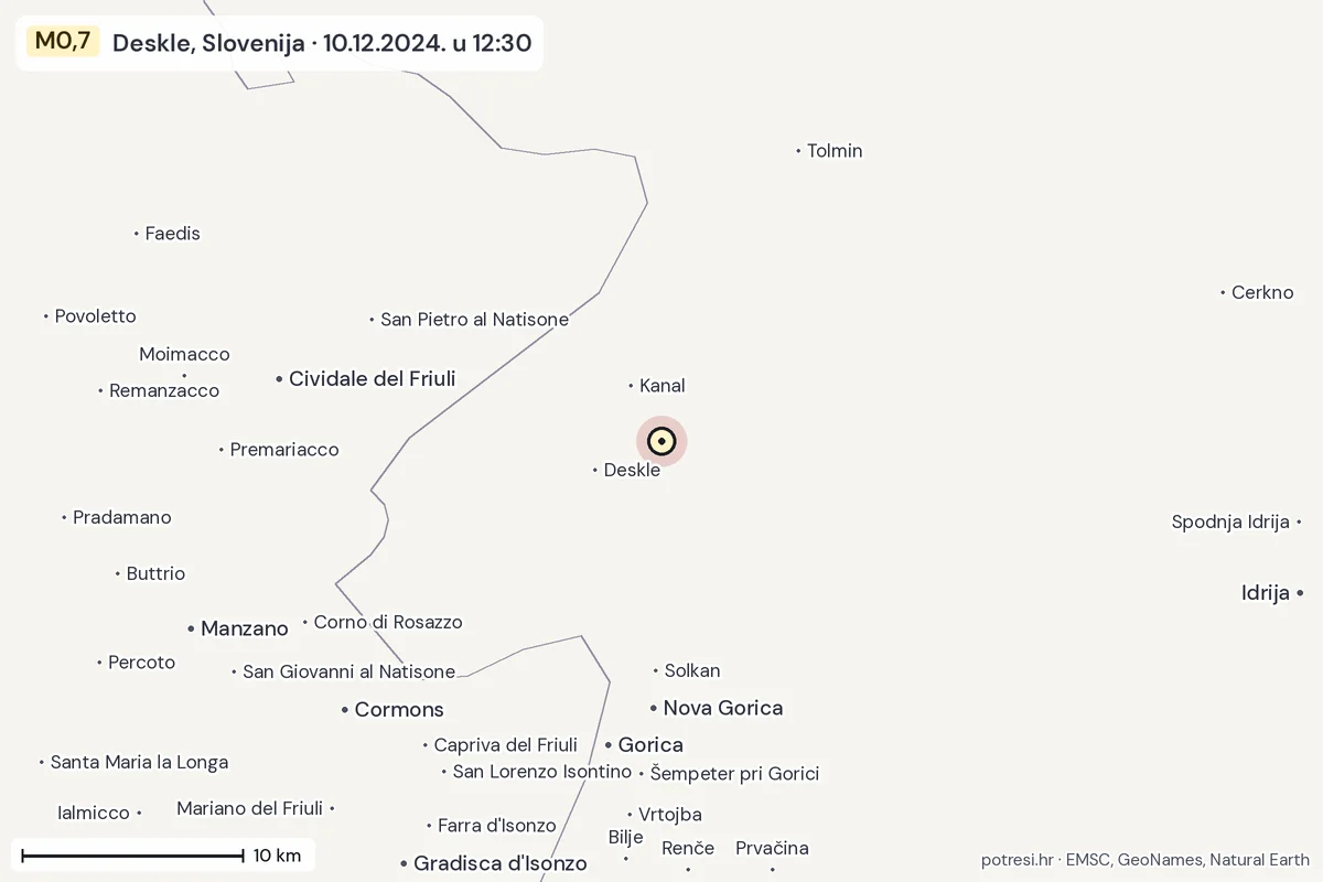 Karta: okolica epicentra, 60 km, potres M0,7, Deskle, Slovenija, 10.12.2024.