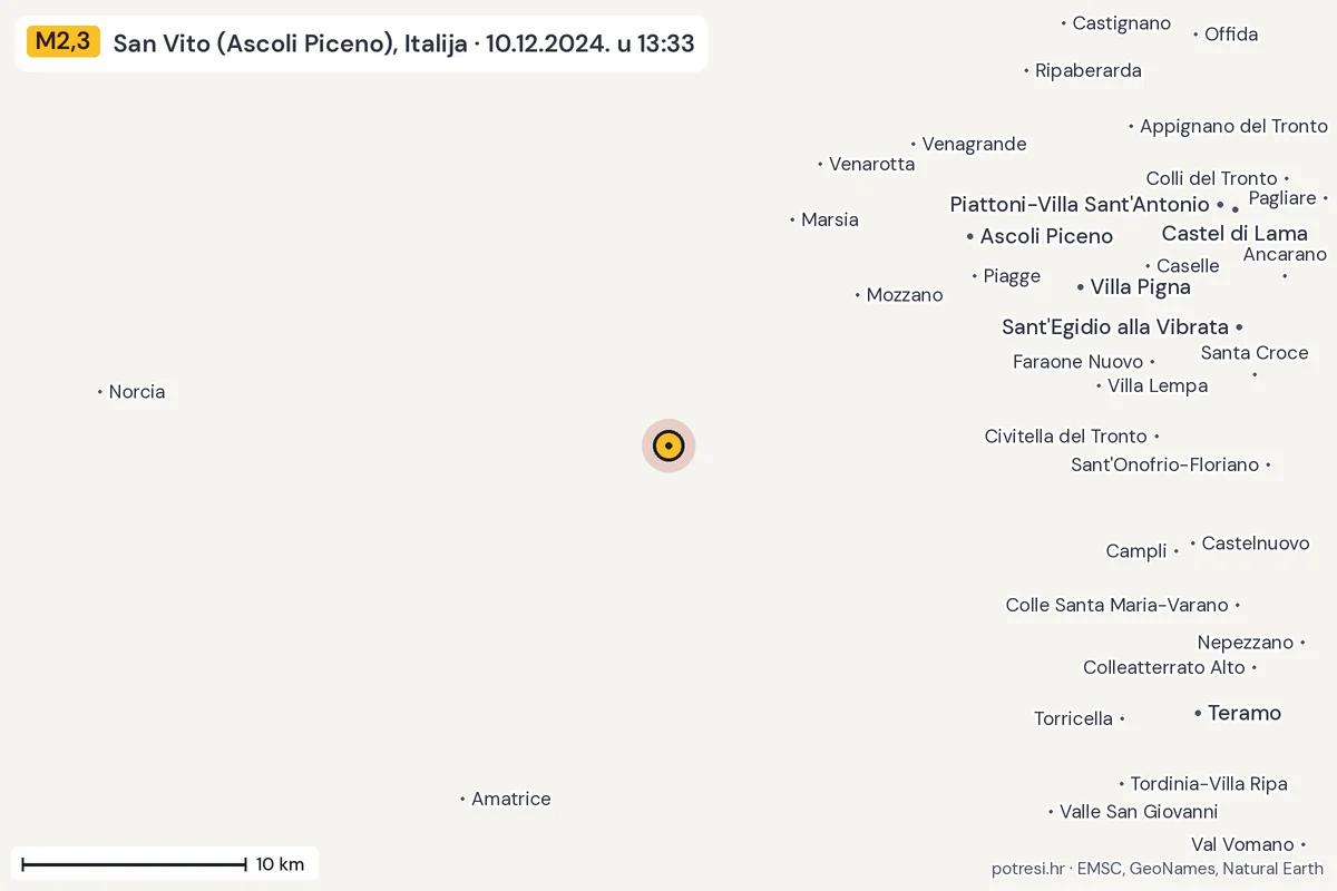 Karta: okolica epicentra, 60 km, potres M2,3, San Vito (Ascoli Piceno), Italija, 10.12.2024.