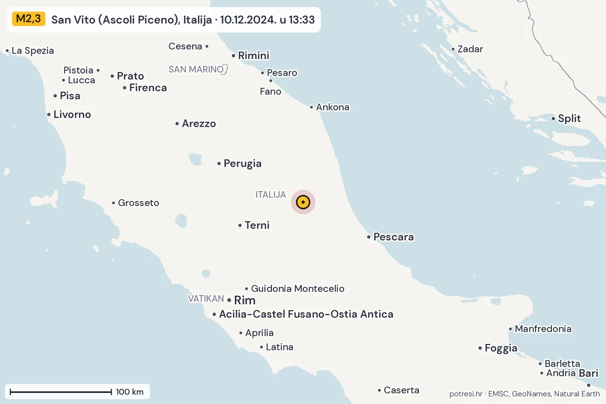 Karta: šire područje, 600 km, potres M2,3, San Vito (Ascoli Piceno), Italija, 10.12.2024.