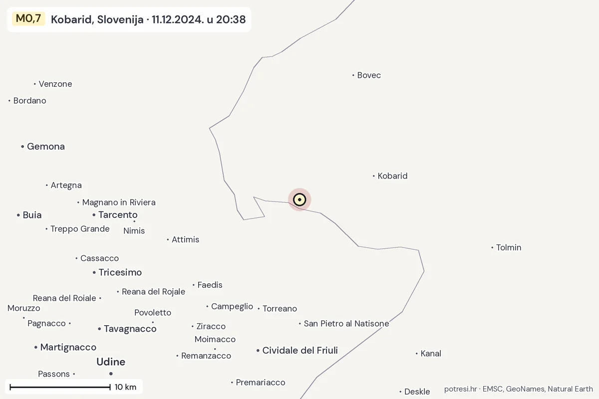Karta: okolica epicentra, 60 km, potres M0,7, Kobarid, Slovenija, 11.12.2024.
