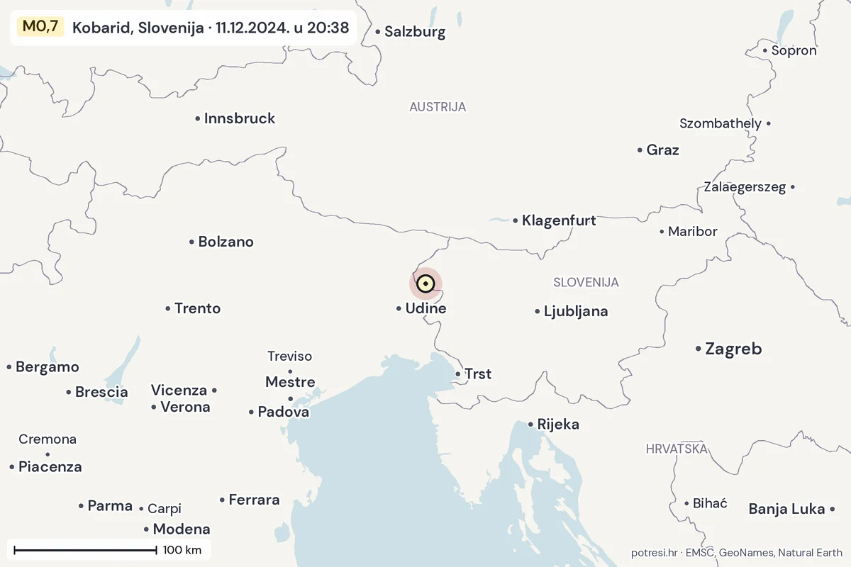 Karta: šire područje, 600 km, potres M0,7, Kobarid, Slovenija, 11.12.2024.