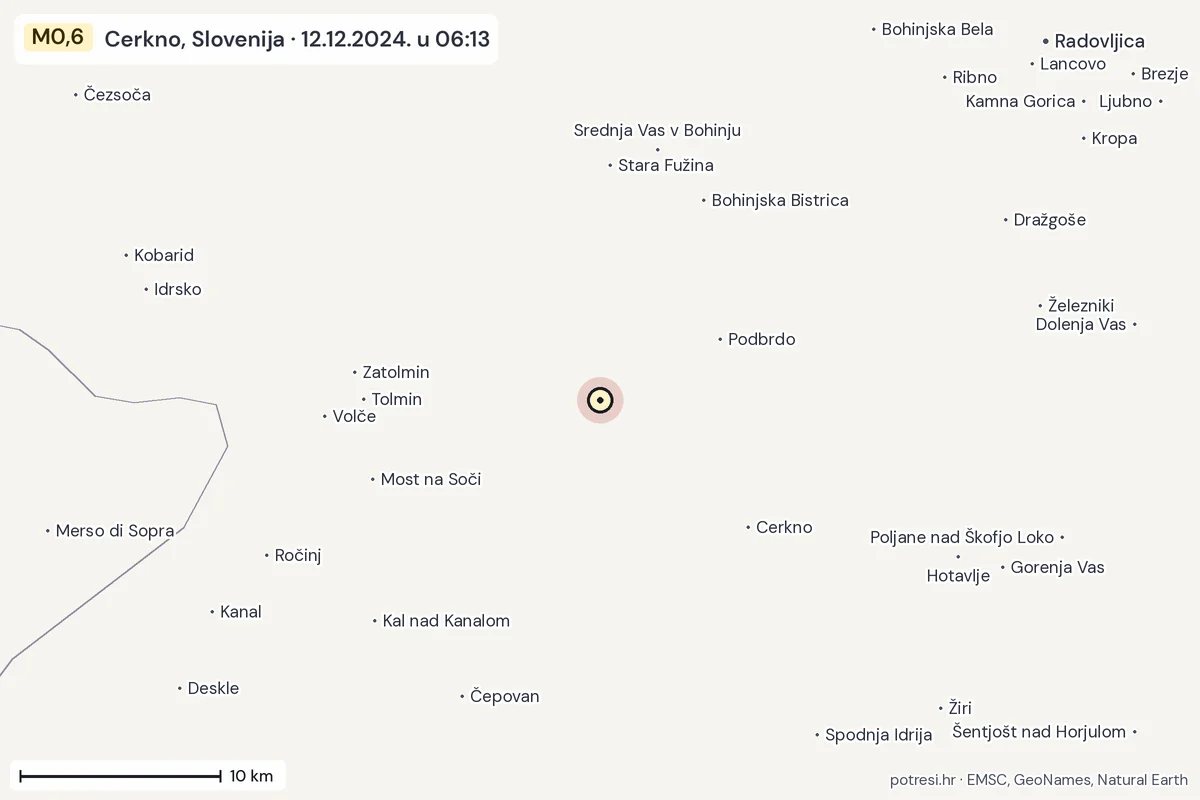 Karta: okolica epicentra, 60 km, potres M0,6, Cerkno, Slovenija, 12.12.2024.