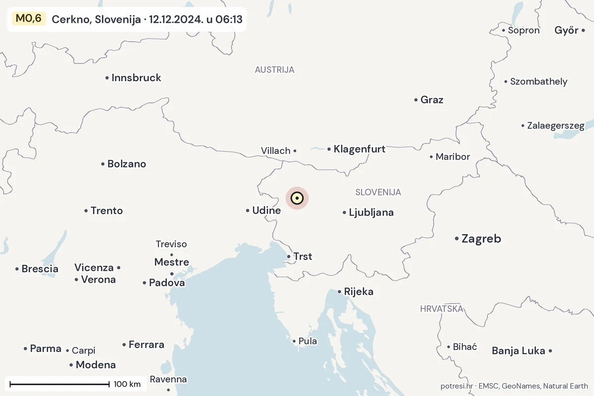 Karta: šire područje, 600 km, potres M0,6, Cerkno, Slovenija, 12.12.2024.