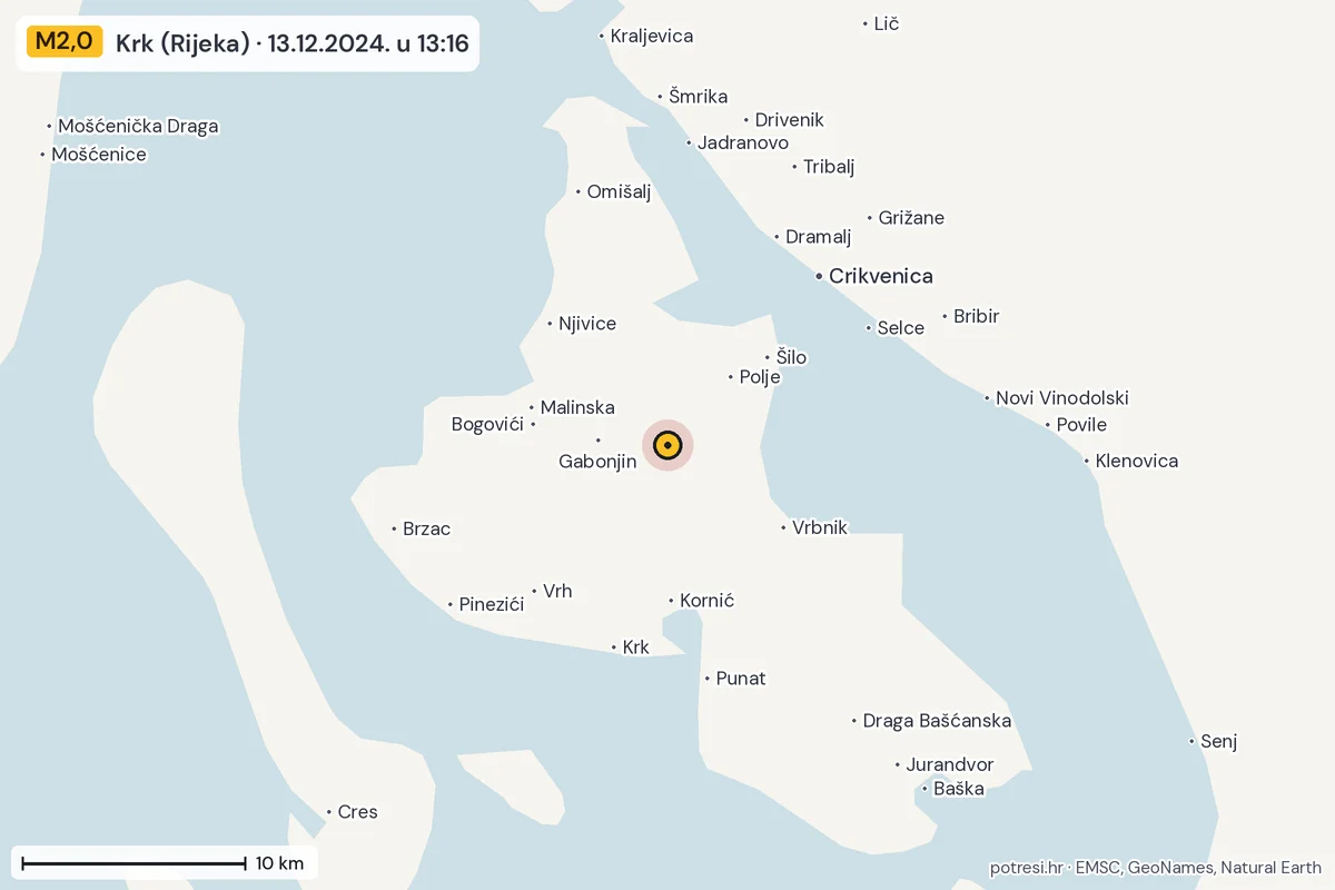 Karta: okolica epicentra, 60 km, potres M2,0, Krk (Rijeka), 13.12.2024.