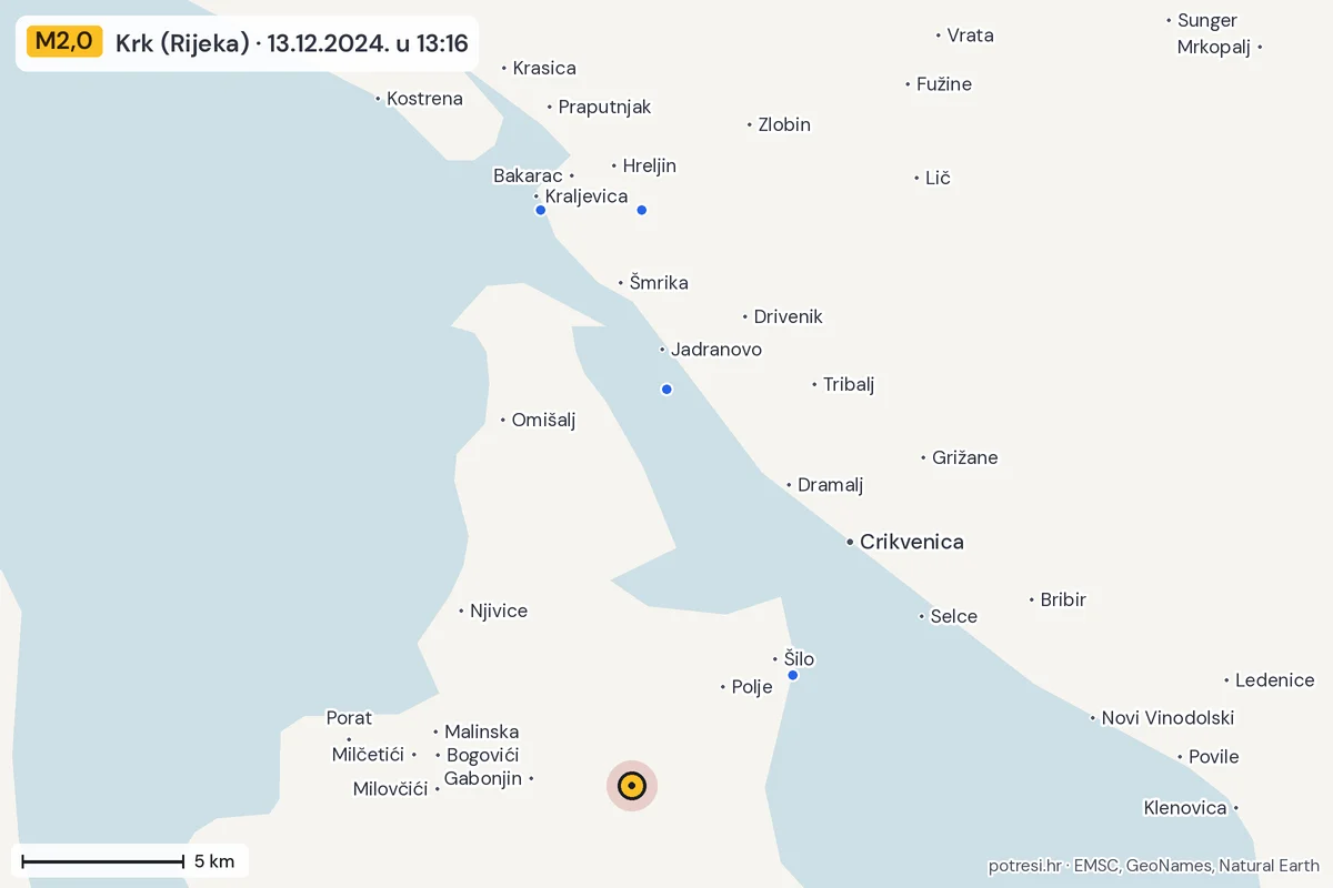 Karta: izvješća građana, potres M2,0, Krk (Rijeka), 13.12.2024.