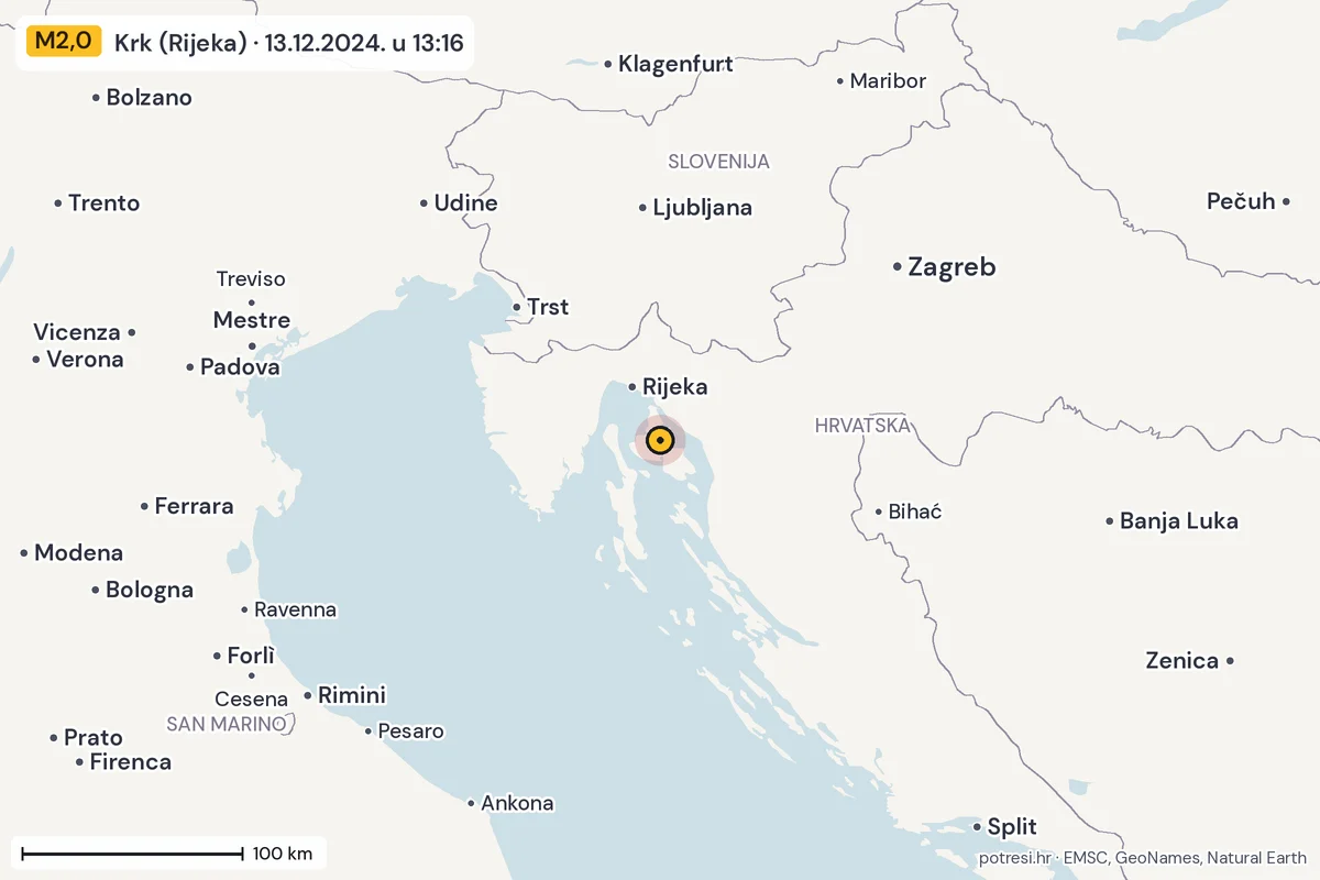 Karta: šire područje, 600 km, potres M2,0, Krk (Rijeka), 13.12.2024.