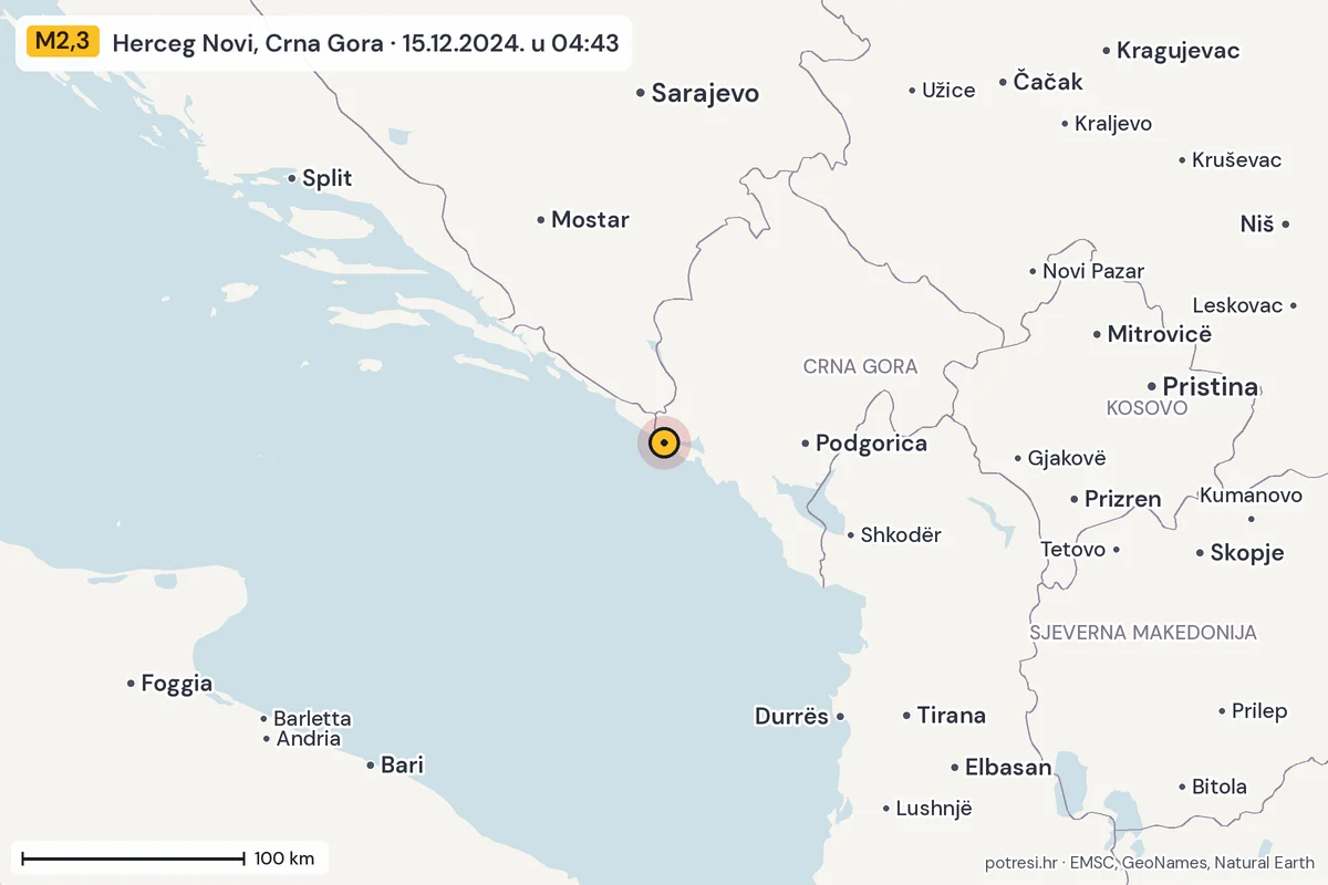 Karta: šire područje, 600 km, potres M2,3, Herceg Novi, Crna Gora, 15.12.2024.
