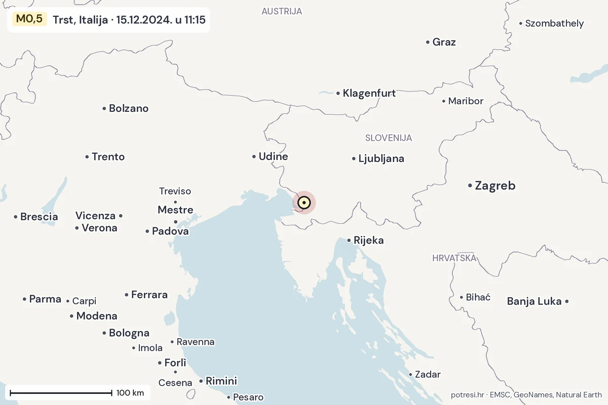 Karta: šire područje, 600 km, potres M0,5, Trst, Italija, 15.12.2024.