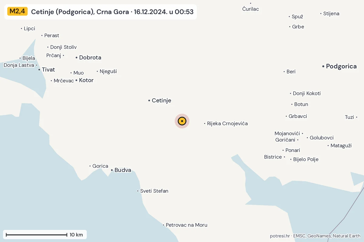 Karta: okolica epicentra, 60 km, potres M2,4, Cetinje (Podgorica), Crna Gora, 16.12.2024.