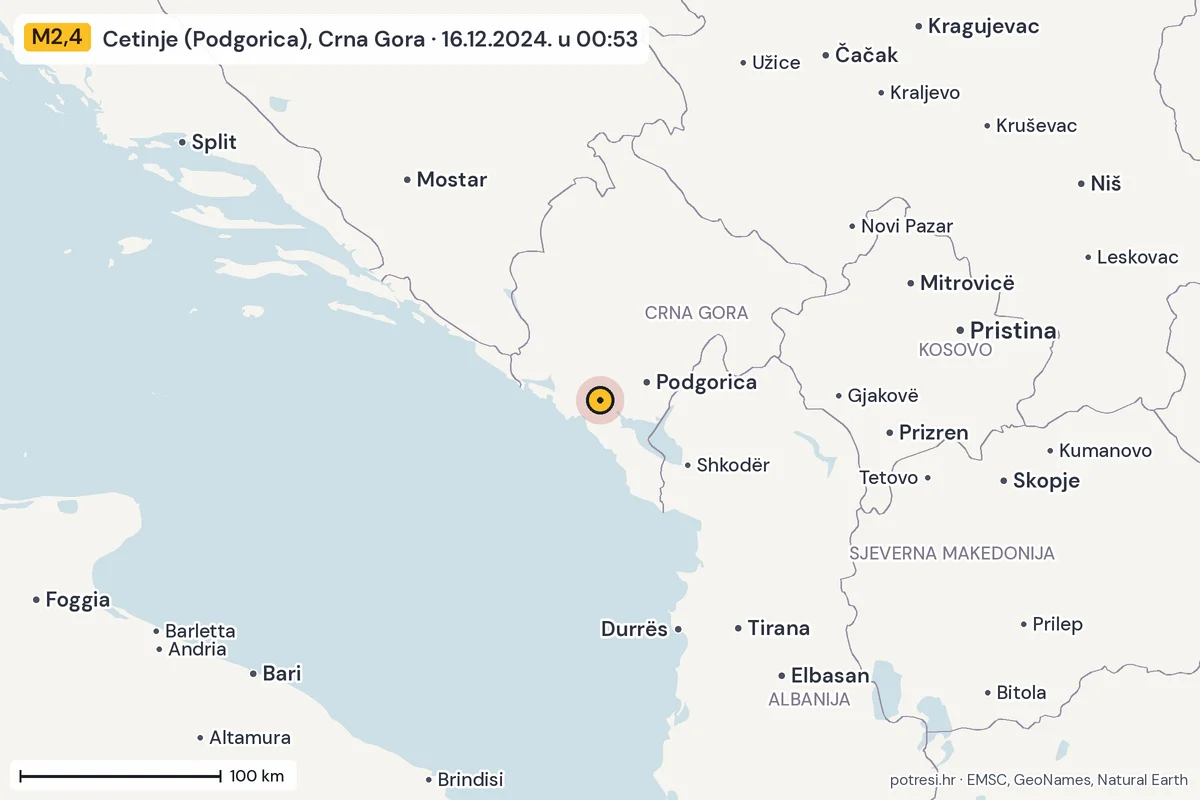 Karta: šire područje, 600 km, potres M2,4, Cetinje (Podgorica), Crna Gora, 16.12.2024.