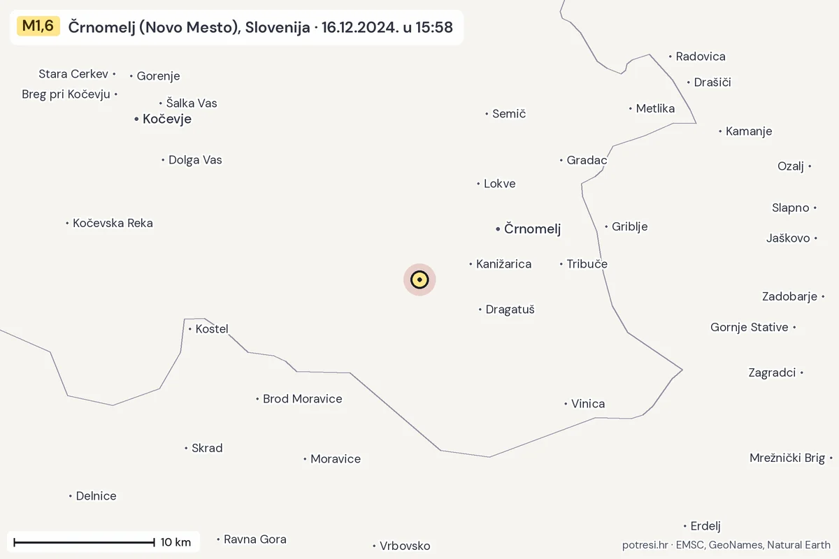 Karta: okolica epicentra, 60 km, potres M1,6, Črnomelj (Novo Mesto), Slovenija, 16.12.2024.