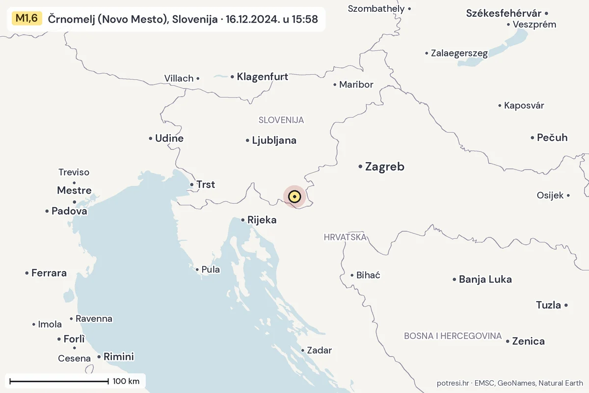 Karta: šire područje, 600 km, potres M1,6, Črnomelj (Novo Mesto), Slovenija, 16.12.2024.