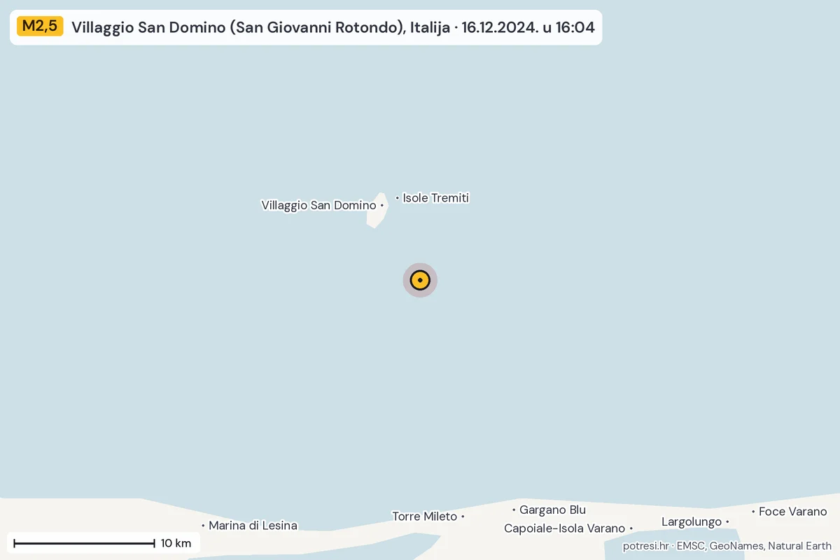 Karta: okolica epicentra, 60 km, potres M2,5, Villaggio San Domino (San Giovanni Rotondo), Italija, 16.12.2024.