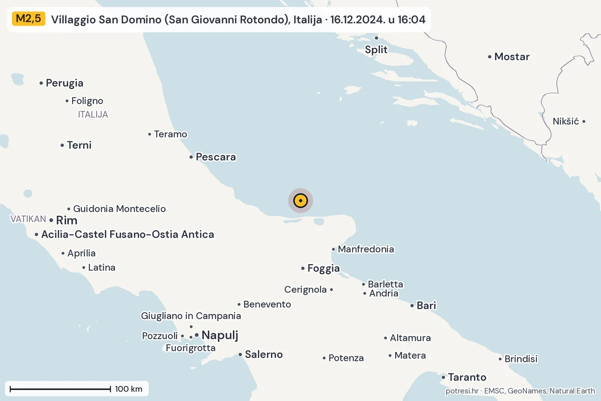 Karta: šire područje, 600 km, potres M2,5, Villaggio San Domino (San Giovanni Rotondo), Italija, 16.12.2024.