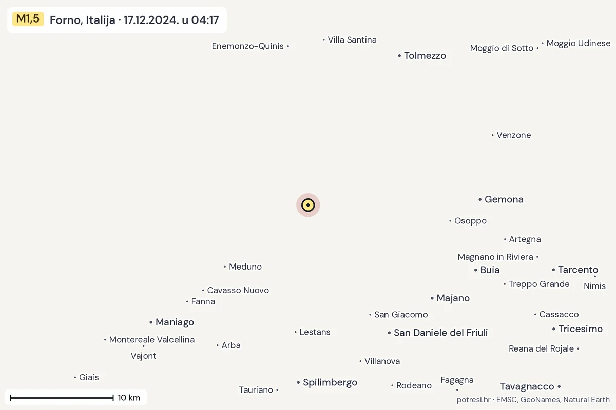 Karta: okolica epicentra, 60 km, potres M1,5, Forno, Italija, 17.12.2024.