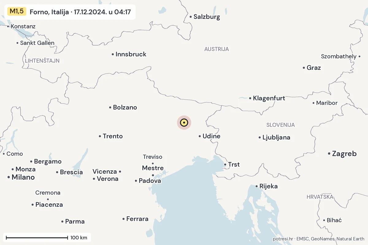 Karta: šire područje, 600 km, potres M1,5, Forno, Italija, 17.12.2024.