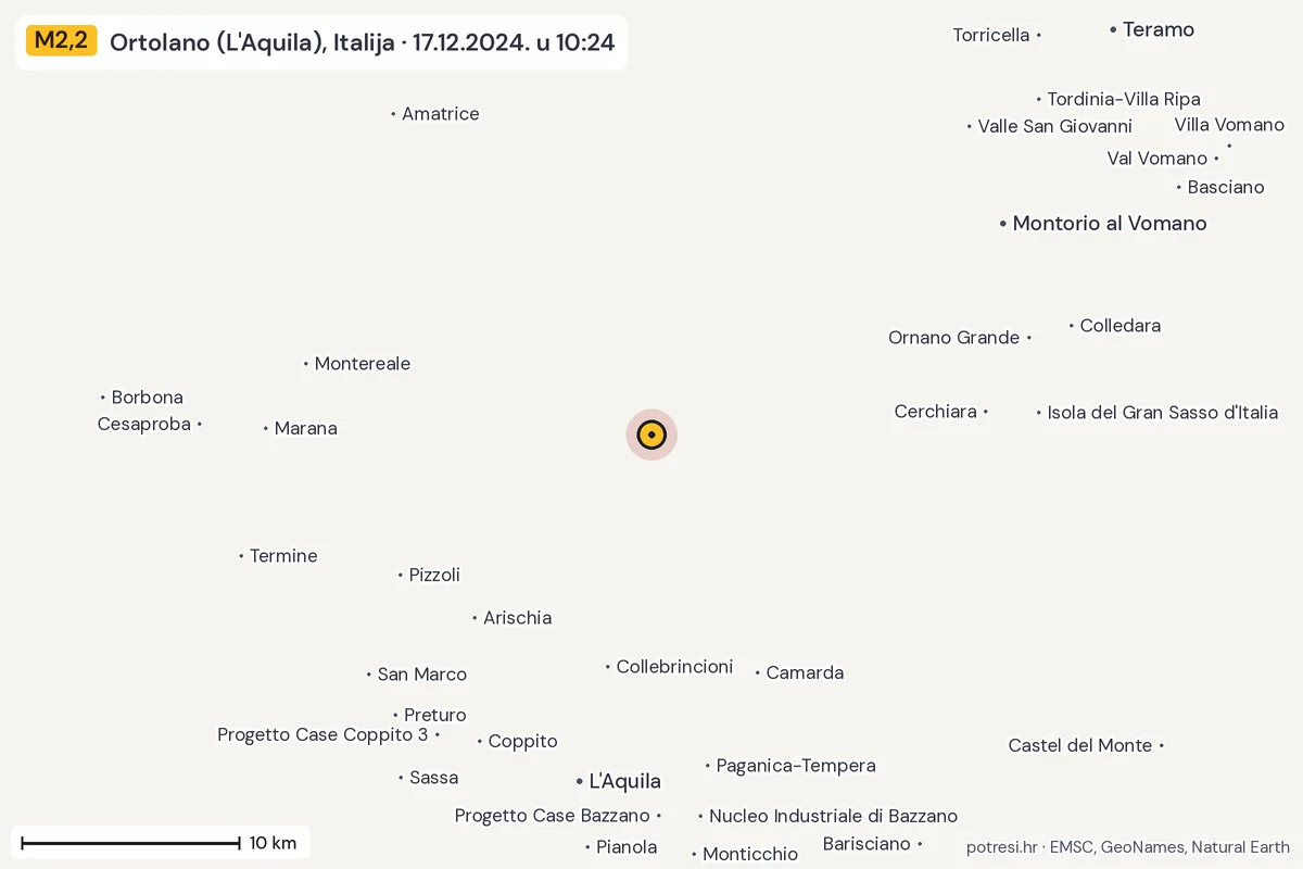 Karta: okolica epicentra, 60 km, potres M2,2, Ortolano (L'Aquila), Italija, 17.12.2024.