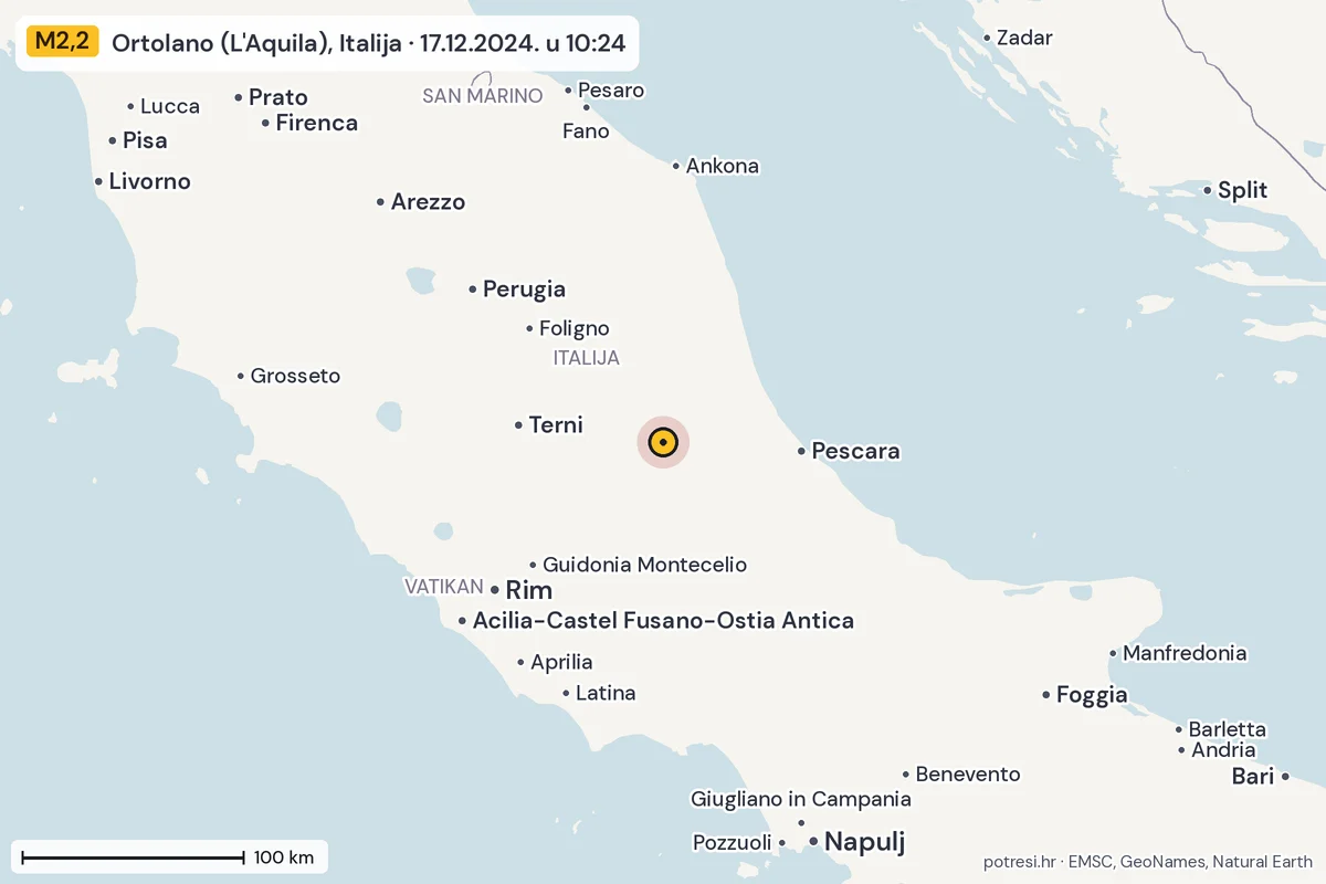 Karta: šire područje, 600 km, potres M2,2, Ortolano (L'Aquila), Italija, 17.12.2024.
