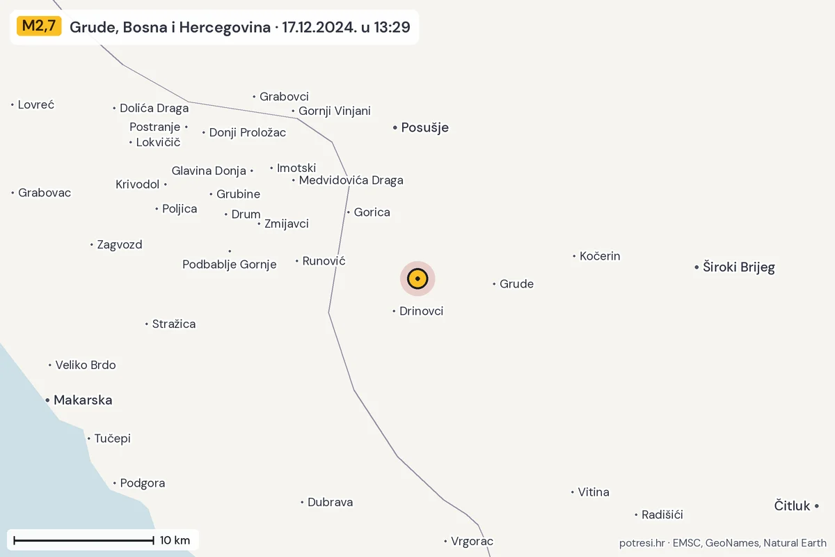 Karta: okolica epicentra, 60 km, potres M2,7, Grude, Bosna i Hercegovina, 17.12.2024.