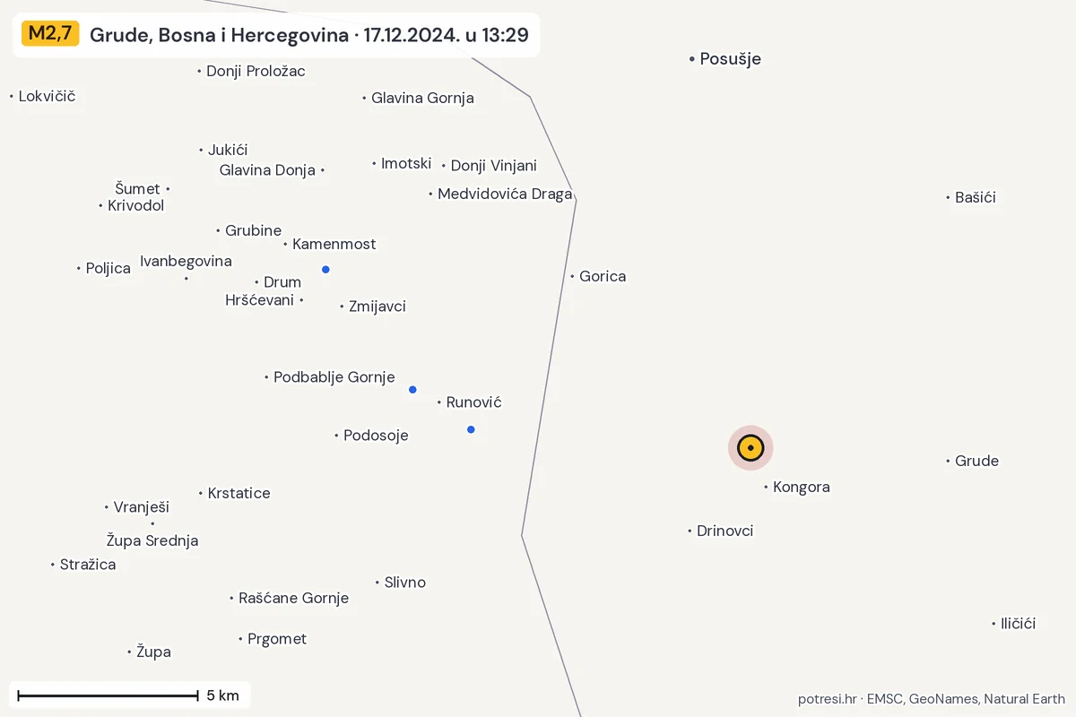 Karta: izvješća građana, potres M2,7, Grude, Bosna i Hercegovina, 17.12.2024.