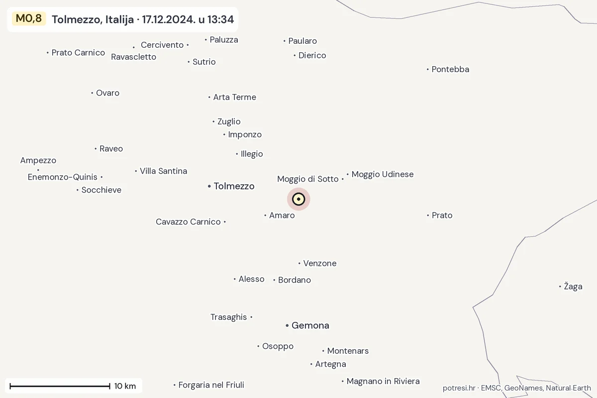 Karta: okolica epicentra, 60 km, potres M0,8, Tolmezzo, Italija, 17.12.2024.