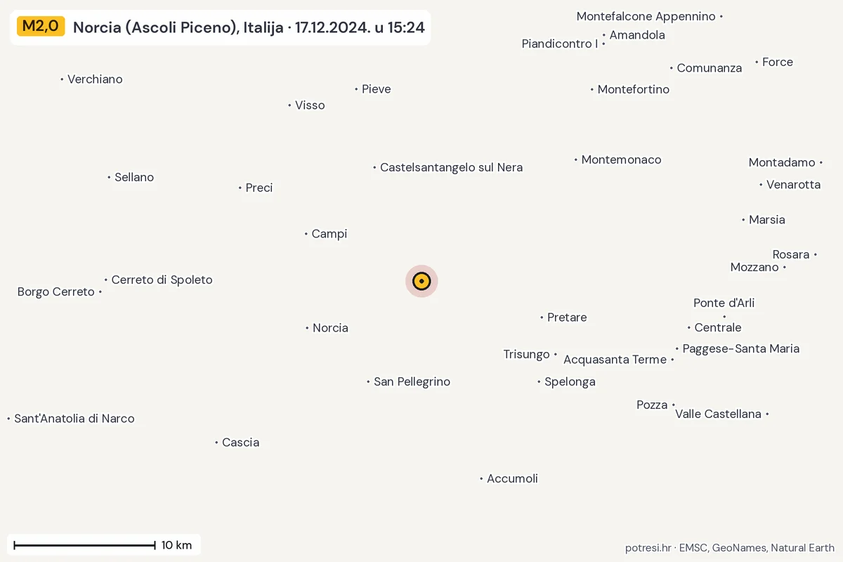 Karta: okolica epicentra, 60 km, potres M2,0, Norcia (Ascoli Piceno), Italija, 17.12.2024.