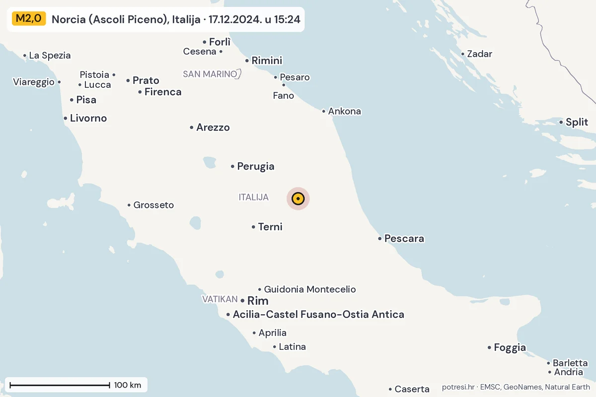 Karta: šire područje, 600 km, potres M2,0, Norcia (Ascoli Piceno), Italija, 17.12.2024.