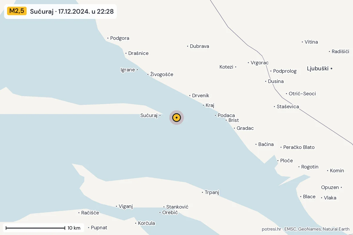 Karta: okolica epicentra, 60 km, potres M2,5, Sućuraj, 17.12.2024.