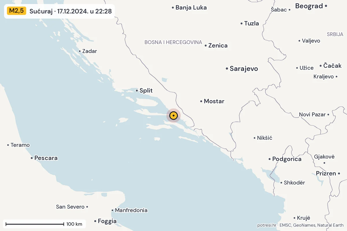 Karta: šire područje, 600 km, potres M2,5, Sućuraj, 17.12.2024.