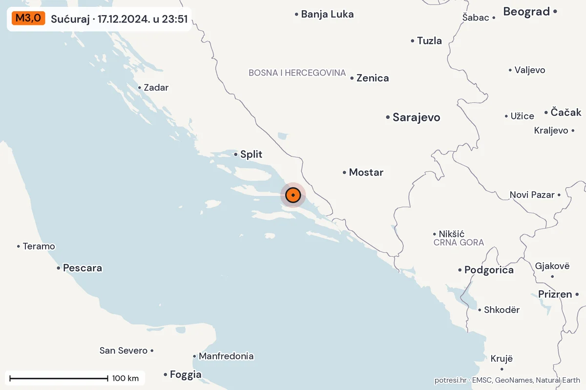Karta: šire područje, 600 km, potres M3,0, Sućuraj, 17.12.2024.