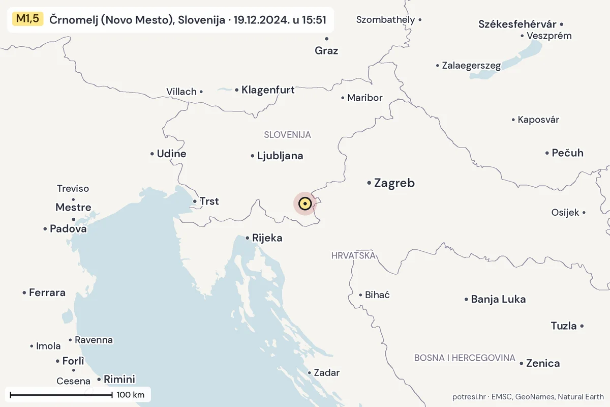 Karta: šire područje, 600 km, potres M1,5, Črnomelj (Novo Mesto), Slovenija, 19.12.2024.