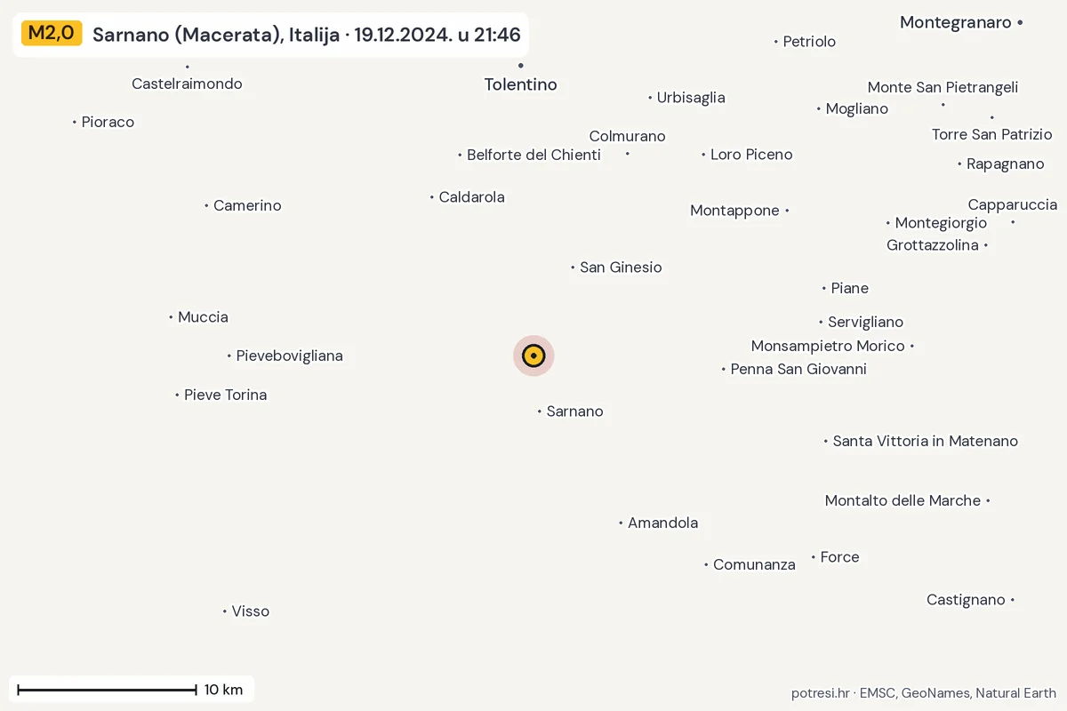 Karta: okolica epicentra, 60 km, potres M2,0, Sarnano (Macerata), Italija, 19.12.2024.