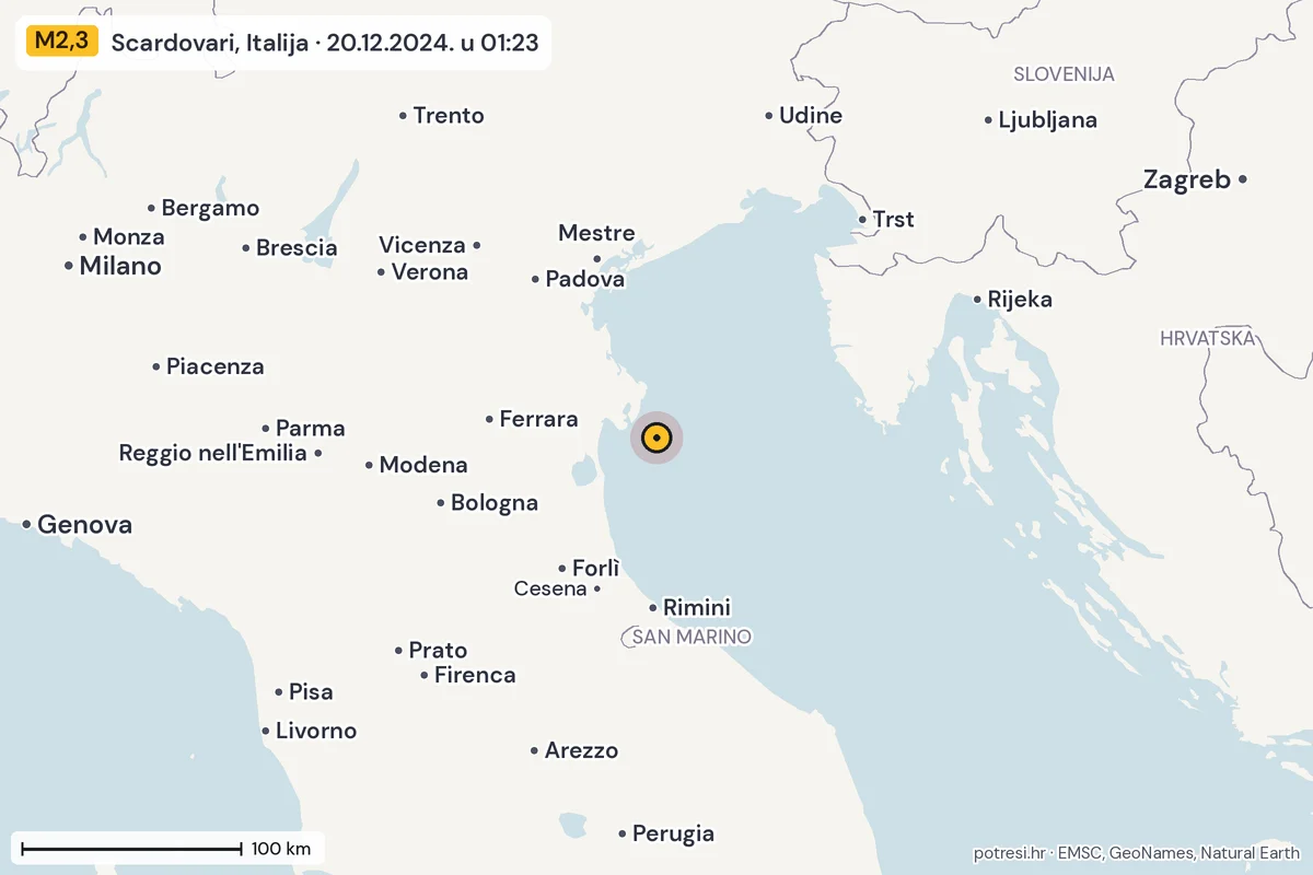 Karta: šire područje, 600 km, potres M2,3, Scardovari, Italija, 20.12.2024.