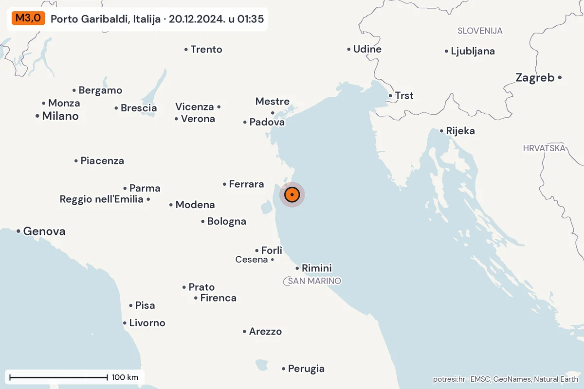 Karta: šire područje, 600 km, potres M3,0, Porto Garibaldi, Italija, 20.12.2024.