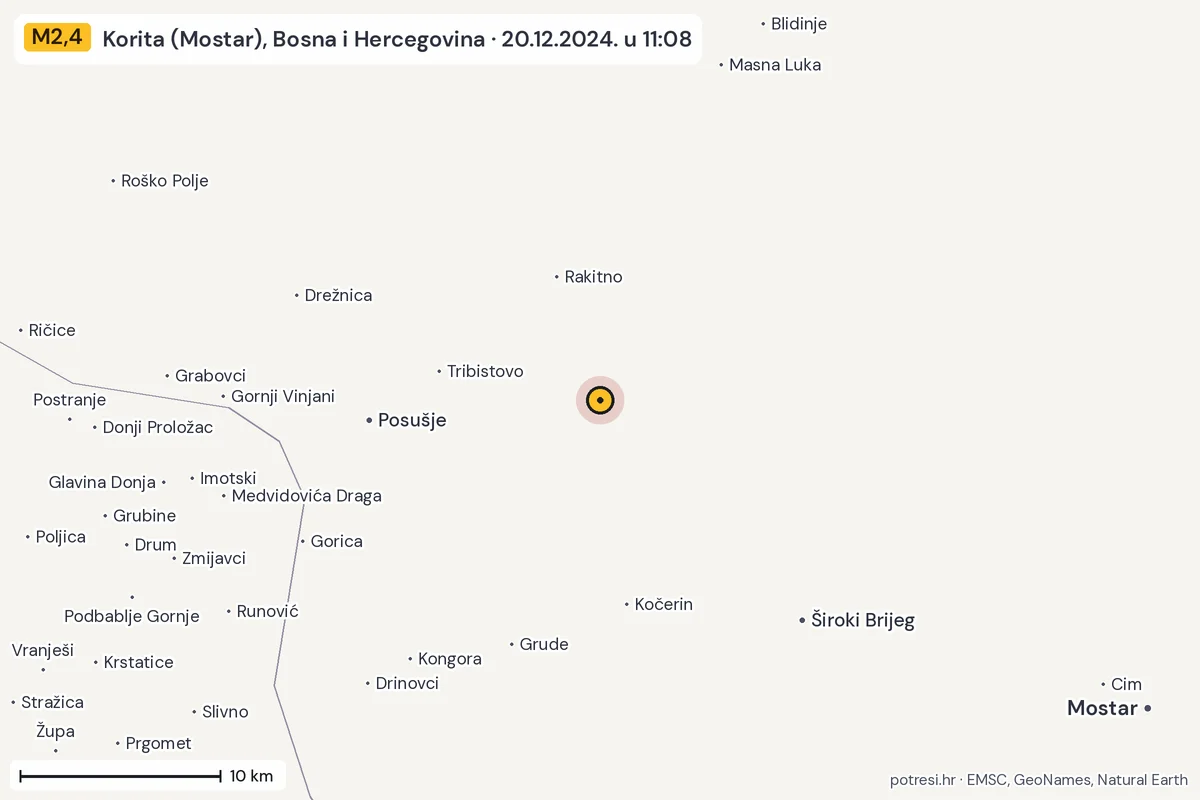 Karta: okolica epicentra, 60 km, potres M2,4, Korita (Mostar), Bosna i Hercegovina, 20.12.2024.