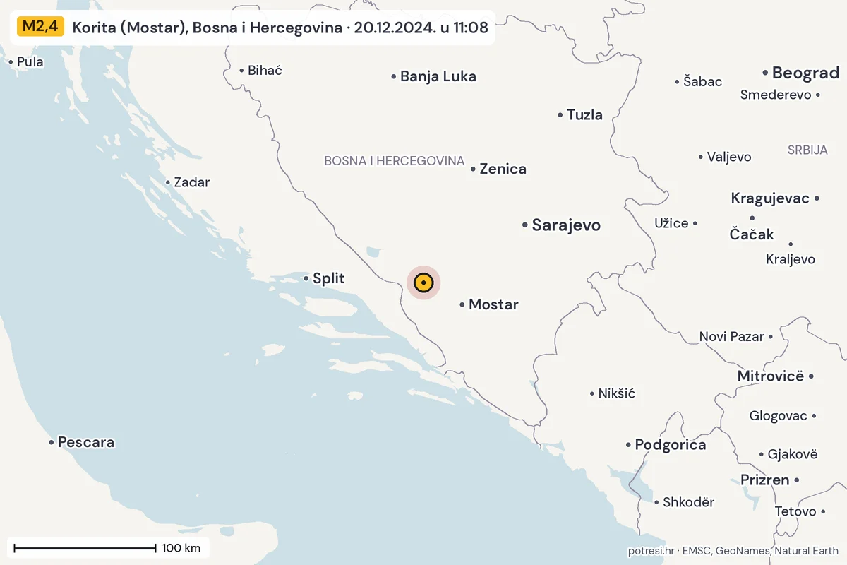 Karta: šire područje, 600 km, potres M2,4, Korita (Mostar), Bosna i Hercegovina, 20.12.2024.
