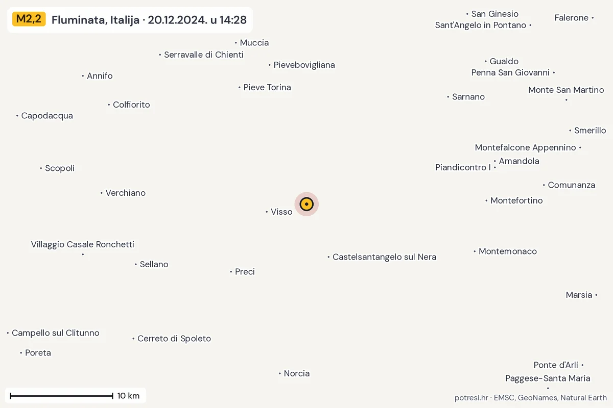 Karta: okolica epicentra, 60 km, potres M2,2, Fluminata, Italija, 20.12.2024.